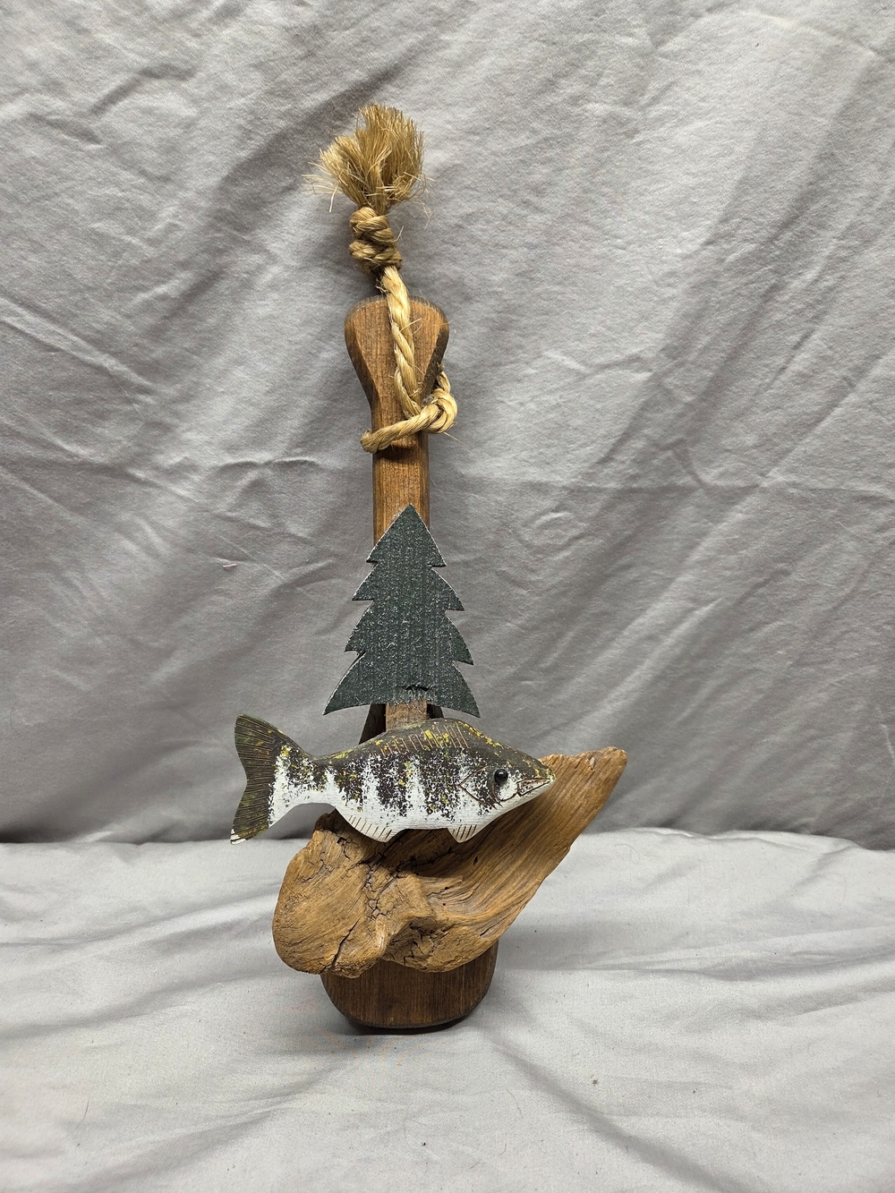 Handcrafted Driftwood Fish Ornament with Green Tree Accent